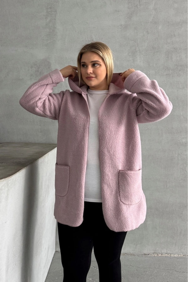 Büyük Beden Uzun Kollu Kapüşonlu Önü Kapamasız Cepli Peluş Ceket 97-14 Vervegrand