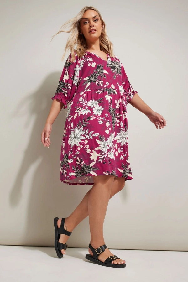 Büyük Beden V Yaka Kısa Kollu Çiçek Desenli Mini Elbise 304079 Vervegrand