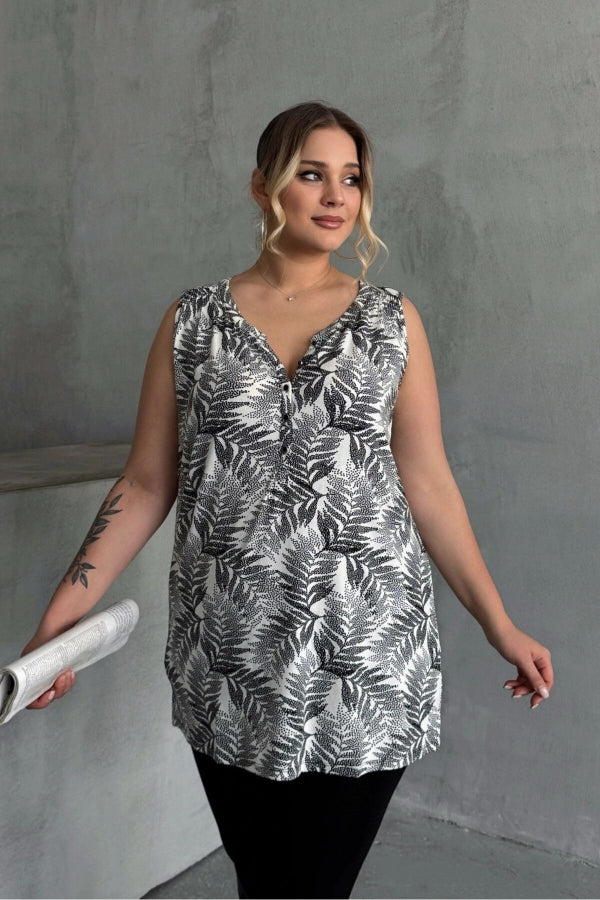 Büyük Beden Sıfır Kol Desenli V Yaka Önü Düğmeli Uzun Kesim Bluz 35047 Vervegrand