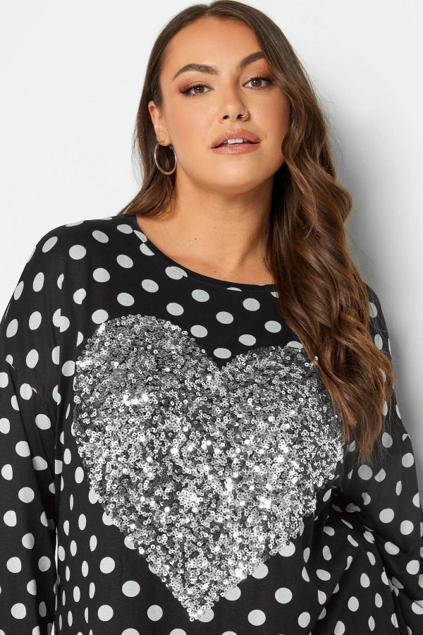 Büyük Beden Yırtmaç Detaylı Puantiyeli Payetli Uzun Kollu Bisiklet Yaka Bluz 302496 Vervegrand