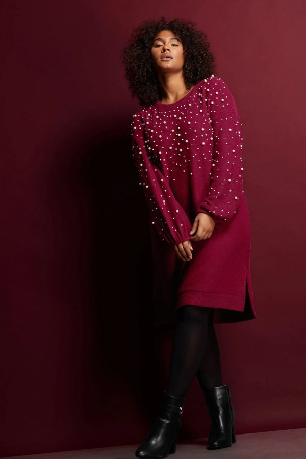 Büyük Beden Bisiklet Yaka Balon Kol Boncuk İşlemeli Triko Elbise 615671 Vervegrand