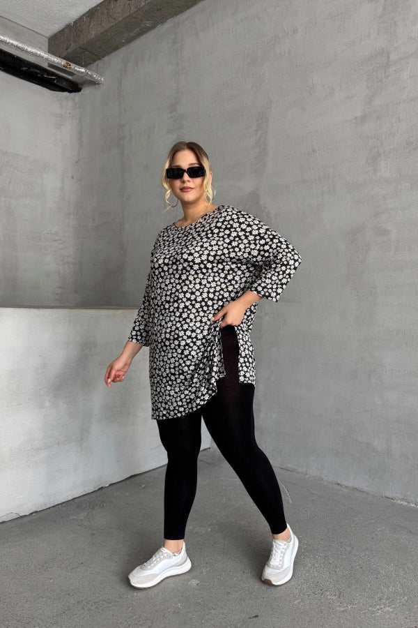 Büyük Beden Bisiklet Yaka Fakir Kol Yırtmaç Detaylı Çiçek Desenli Bluz 173292 Vervegrand