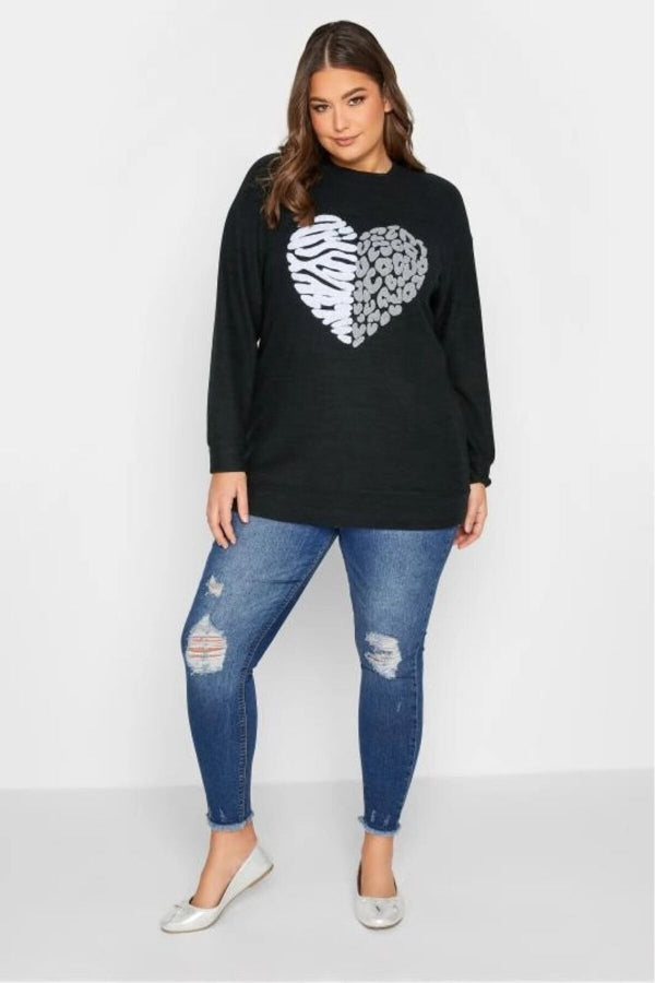 Büyük Beden Kalp Desenli Uzun Kollu Yuvarlak Yaka Polar Kazak 301787 Vervegrand