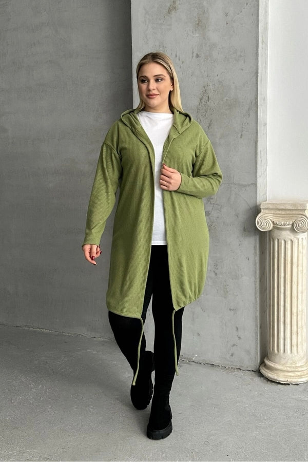 Büyük Beden Uzun Kollu Kapüşonlu Önü Kapamasız Fitilli Hırka 74-136 Vervegrand