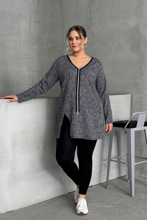 Büyük Beden V Yaka Önü Fermuarlı Yırtmaç Detaylı Bluz 173658 Vervegrand