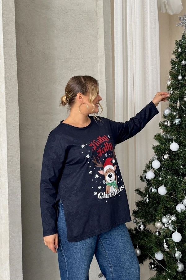 Büyük Beden Yılbaşı Temalı Bisiklet Yaka Uzun Kollu Yırtmaçlı Sweatshirt 303909 Vervegrand