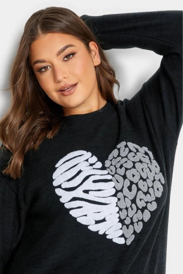 Büyük Beden Kalp Desenli Uzun Kollu Yuvarlak Yaka Polar Kazak 301787 Vervegrand