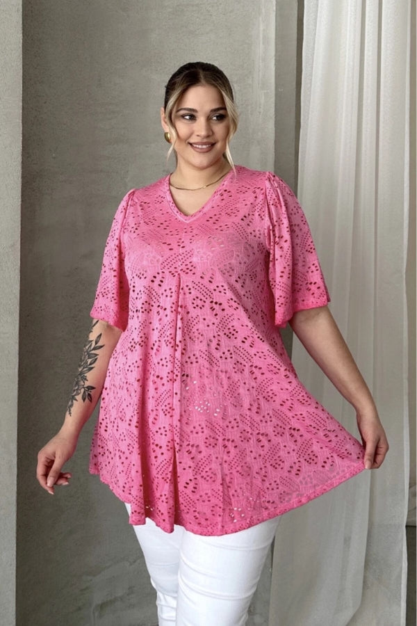 Büyük Beden V Yaka Kısa Kollu Dantel Detaylı Astarsız Bluz 302956 Vervegrand