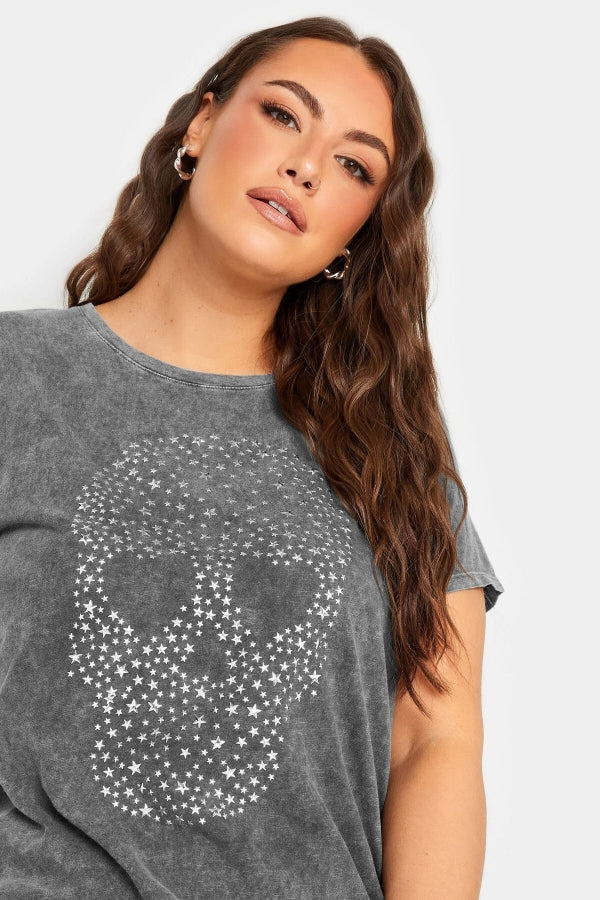 Büyük Beden Yıldızlı Kuru Kafa Baskılı Yıkamalı Yarım Kollu T-shirt 302191 Vervegrand