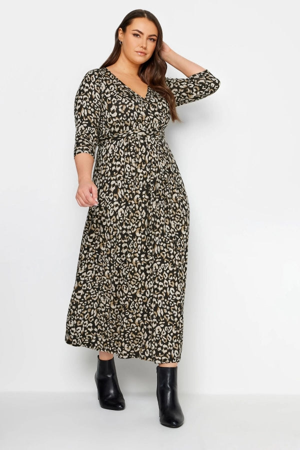 Büyük Beden Leopar Desenli Beli Kuşaklı Kruvaze Yaka Uzun Elbise 302693 Vervegrand