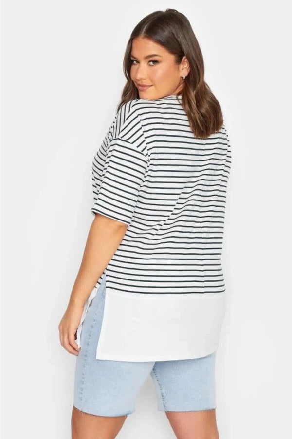 Büyük Beden Bisiklet Yaka Kısa Kollu Yırtmaç Detaylı Çizgili T-shirt 301617 Vervegrand