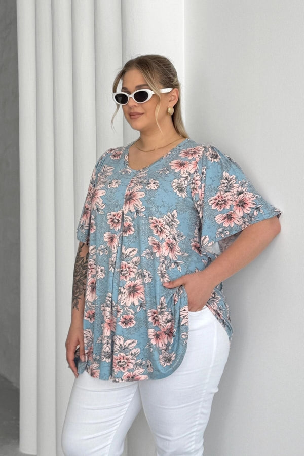 Büyük Beden V Yaka Kısa Kollu Eteği Bollaşan Desenli Bluz 101-44 Vervegrand