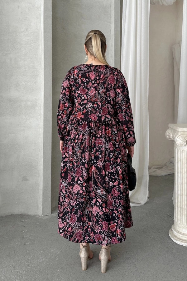 Büyük Beden Önü Bağlamalı Desenli Uzun Kollu Midi Elbise 615699 Vervegrand