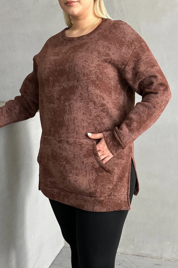 Büyük Beden Uzun Kollu Bisiklet Yaka Önü Cepli Desenli Sweatshirt 106-79 Vervegrand