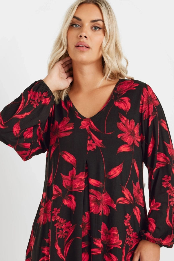 Büyük Beden Uzun Kollu V Yaka Önü Pileli Çiçek Desenli Bluz 303721 Vervegrand