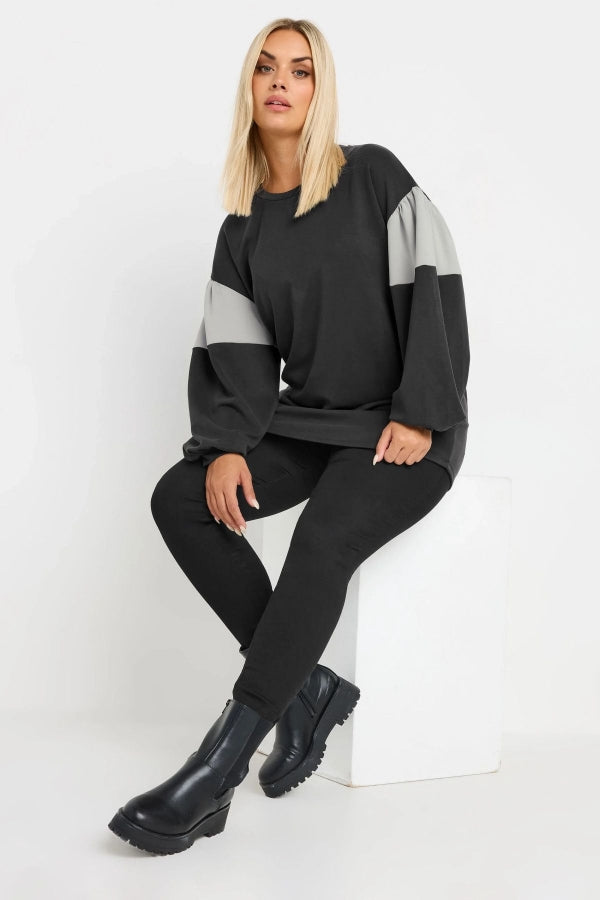 Büyük Beden Bisiklet Yaka Kolları Şeritli İnce Sweatshirt 303688 Vervegrand