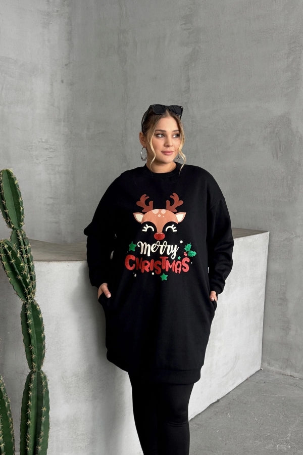 Vervegrand büyük beden siyah yılbaşı temalı sweatshirt elbise