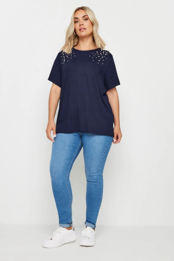 Büyük Beden Bisiklet Yaka Kısa Kollu İnci İşlemeli T-shirt 321885 Vervegrand