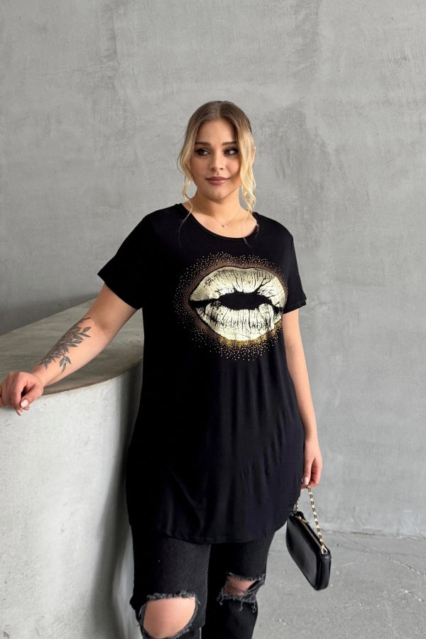 Büyük Beden Kısa Kollu Bisiklet Yaka Taş İşlemeli T-shirt 302264 Vervegrand