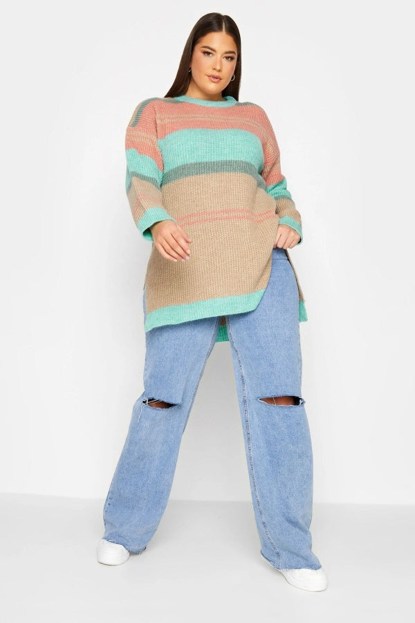 Büyük Beden Çizgili Yuvarlak Yaka Yırtmaç Detaylı Triko Kazak 301832 Vervegrand