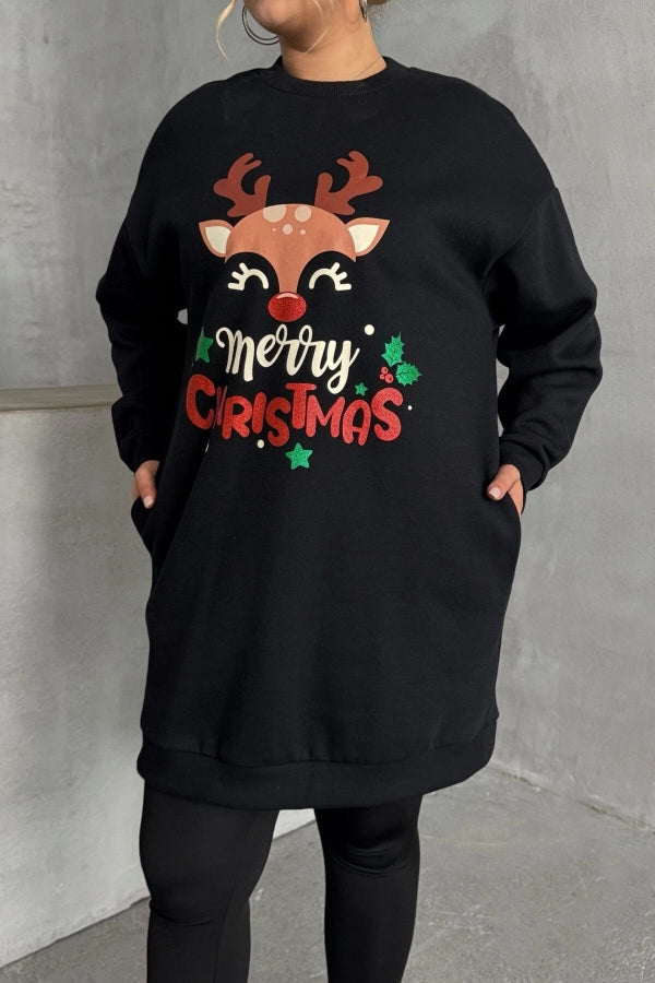 Büyük Beden Yılbaşı Temalı Bisiklet Yaka Uzun Kollu Cepli Sweatshirt Elbise 303827 Vervegrand