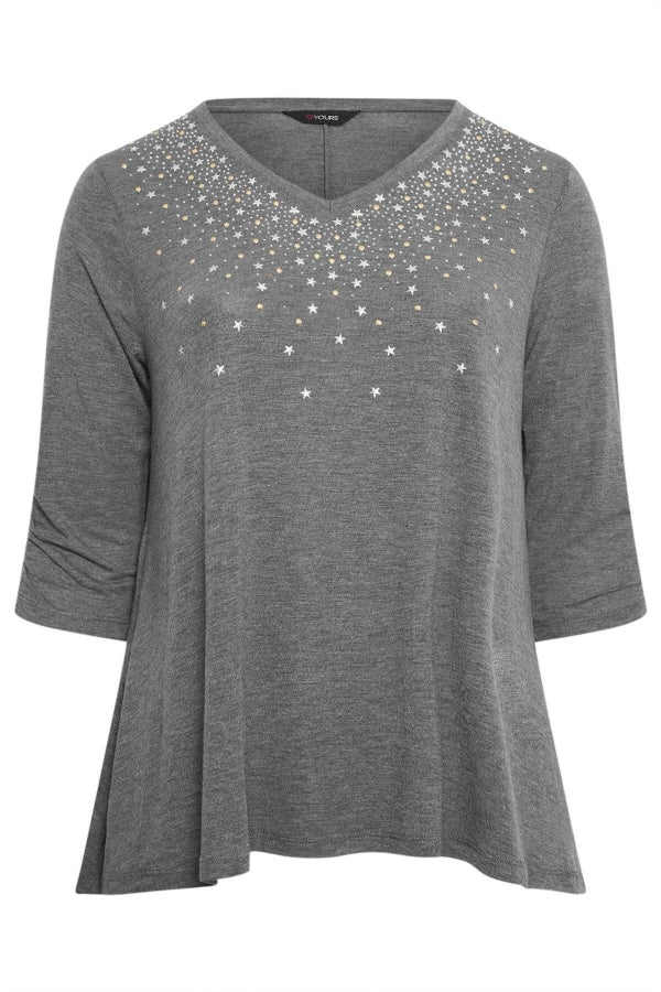 Büyük Beden V Yaka Yıldız Zımba Detaylı Yarım Kollu Bluz 302677 Vervegrand