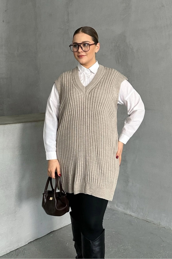 Büyük Beden V Yaka Kısa Kollu Triko Süveter 302133 Vervegrand