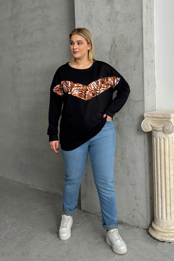 Büyük Beden Bisiklet Yaka Uzun Kollu Leopar Desenli Sweatshirt 300281 Vervegrand