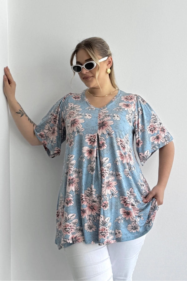 Büyük Beden V Yaka Kısa Kollu Eteği Bollaşan Desenli Bluz 101-44 Vervegrand