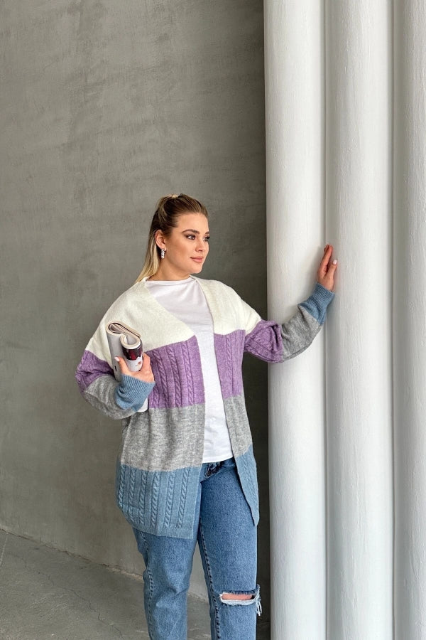 Büyük Beden Uzun Kollu Önü Kapamasız Renk Bloklu Triko Hırka 302148 Vervegrand