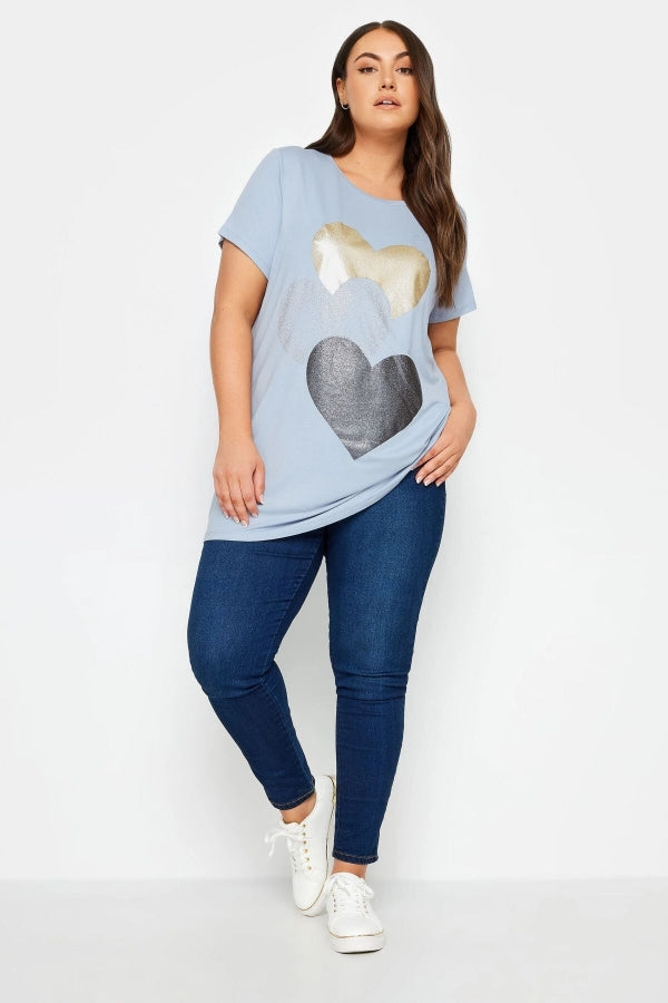 Büyük Beden Bisiklet Yaka Kısa Kollu Parıltılı Baskılı T-shirt 302270 Vervegrand