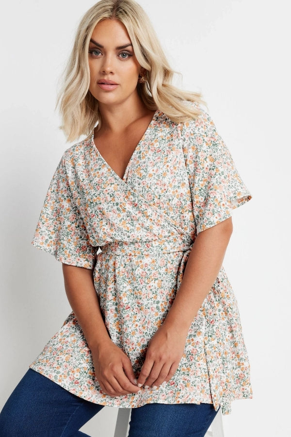 Büyük Beden Kısa Kollu V Yaka Önü Kuşaklı Desenli Eteği Bollaşan Bluz 321935 Vervegrand