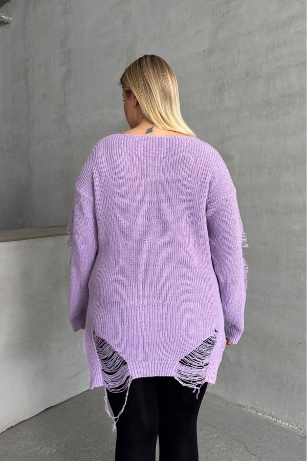 Büyük Beden Uzun Kollu Bisiklet Yaka Yırtık Detaylı Triko Kazak T-3 Vervegrand