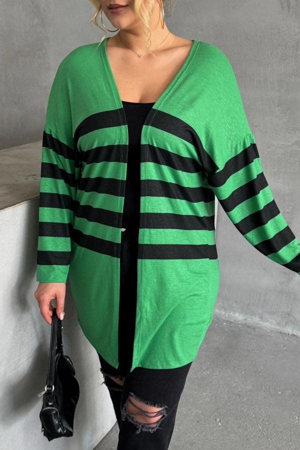 Büyük Beden Midi Boy Uzun Kollu Çizgili İnce Hırka 301568 Vervegrand