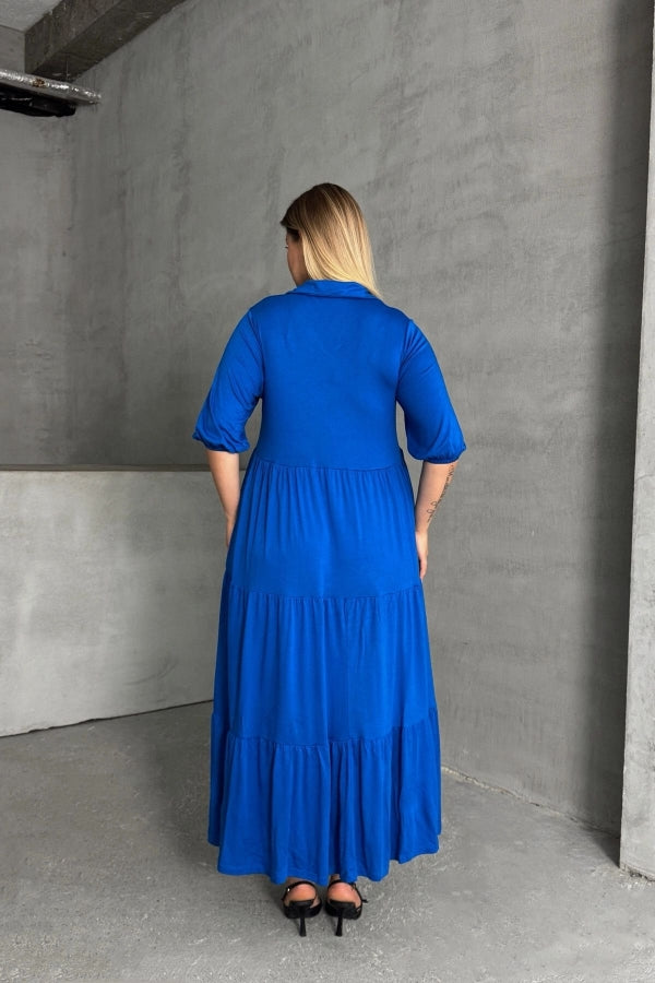 Büyük Beden V Yaka Yarım Kollu Beli Lastikli Uzun Elbise 302149 Vervegrand