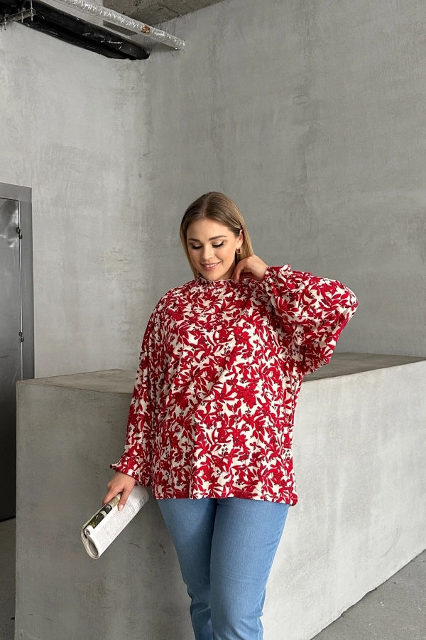 Büyük Beden Yakası Büzgülü Uzun Kollu Desenli Bluz E15233 Vervegrand