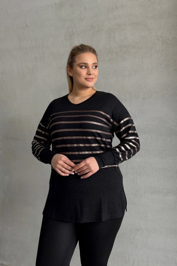 Büyük Beden Uzun Kollu V Yaka Bilekleri Lastikli Bluz 302910 Vervegrand