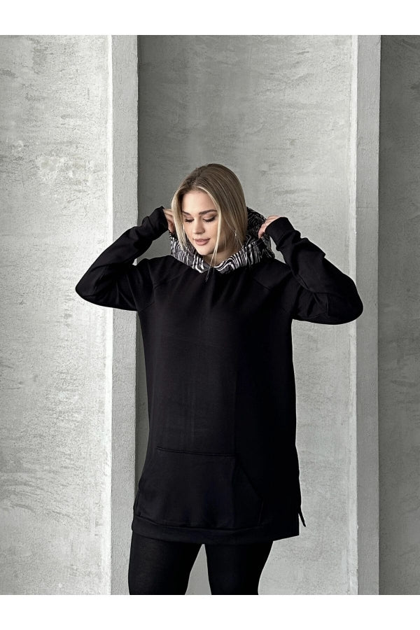 Büyük Beden Uzun Kollu Kapüşonlu Kanguru Cepli Yanları Yırtmaçlı Sweatshirt 300372 Vervegrand