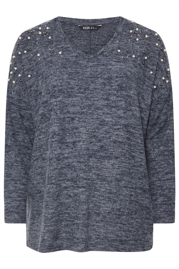 Büyük Beden V Yaka Uzun Kollu Omzu Boncuk İşlemeli Kazak 322302 Vervegrand