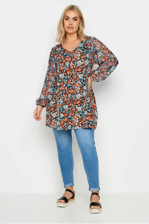 Büyük Beden Uzun Kolları Tül Detaylı Pileli V Yaka Bluz 303116 Vervegrand