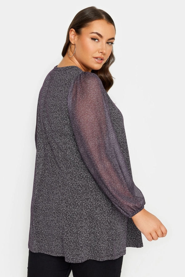 Büyük Beden Uzun Kolları Tül Detaylı Pileli V Yaka Bluz 302828 Vervegrand