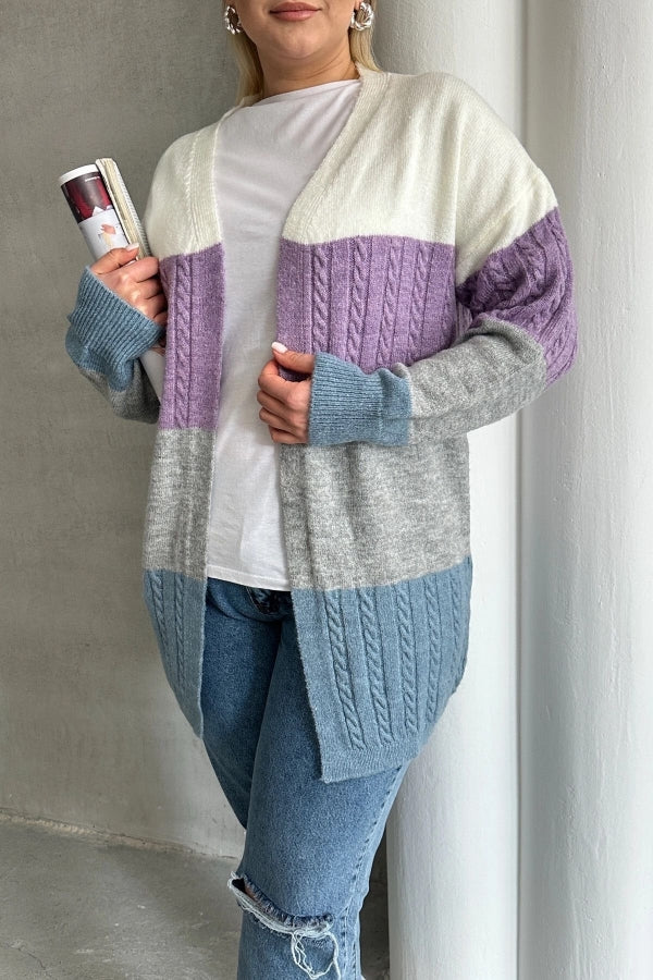 Büyük Beden Uzun Kollu Önü Kapamasız Renk Bloklu Triko Hırka 302148 Vervegrand