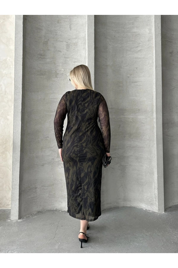 Büyük Beden Uzun Tül Kol Astarlı Mesh Midi Elbise 216292 Vervegrand