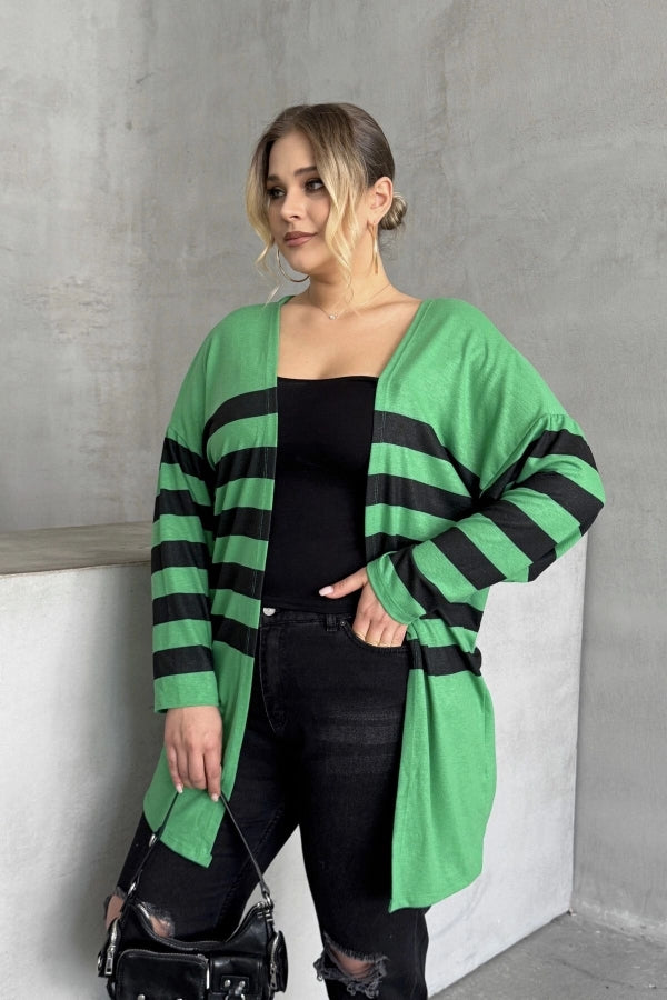 Büyük Beden Midi Boy Uzun Kollu Çizgili İnce Hırka 301568 Vervegrand