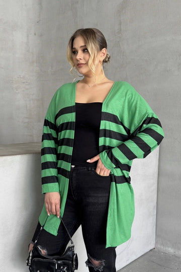 Büyük Beden Midi Boy Uzun Kollu Çizgili İnce Hırka 301568 Vervegrand