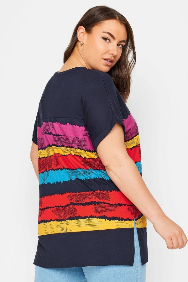 Büyük Beden V Yaka Kısa Kollu Çizgili T-shirt 303120 Vervegrand