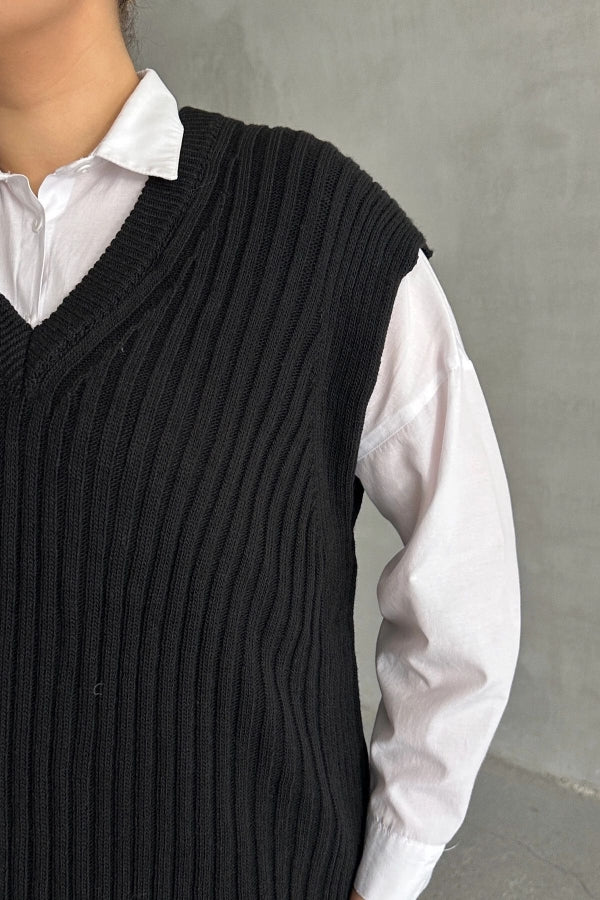 Büyük Beden V Yaka Kısa Kollu Triko Süveter 302134 Vervegrand