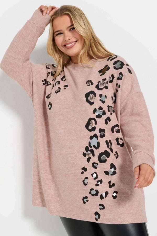 Büyük Beden Yumuşak Dokulu Leopar Baskılı Uzun Kollu Kazak 322299 Vervegrand