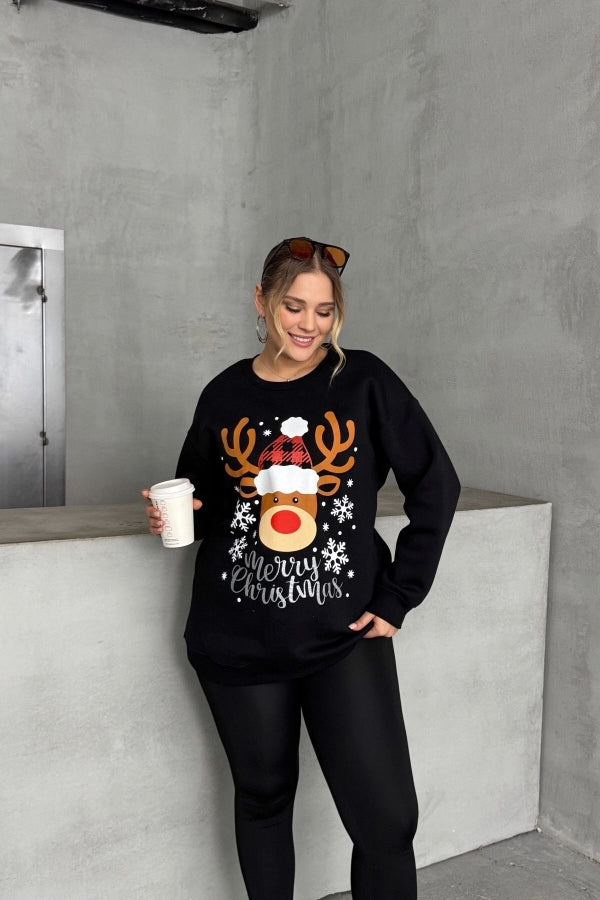 Vervegrand büyük beden yılbaşı temalı siyah sweatshirt ön görünüm
