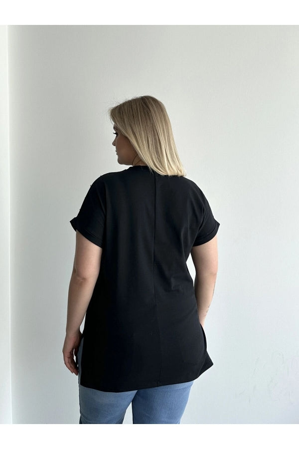 Büyük Beden Kısa Kollu V Yaka Yanları Yırtmaçlı Boncuklu Basic T-shirt RFT-04 Vervegrand